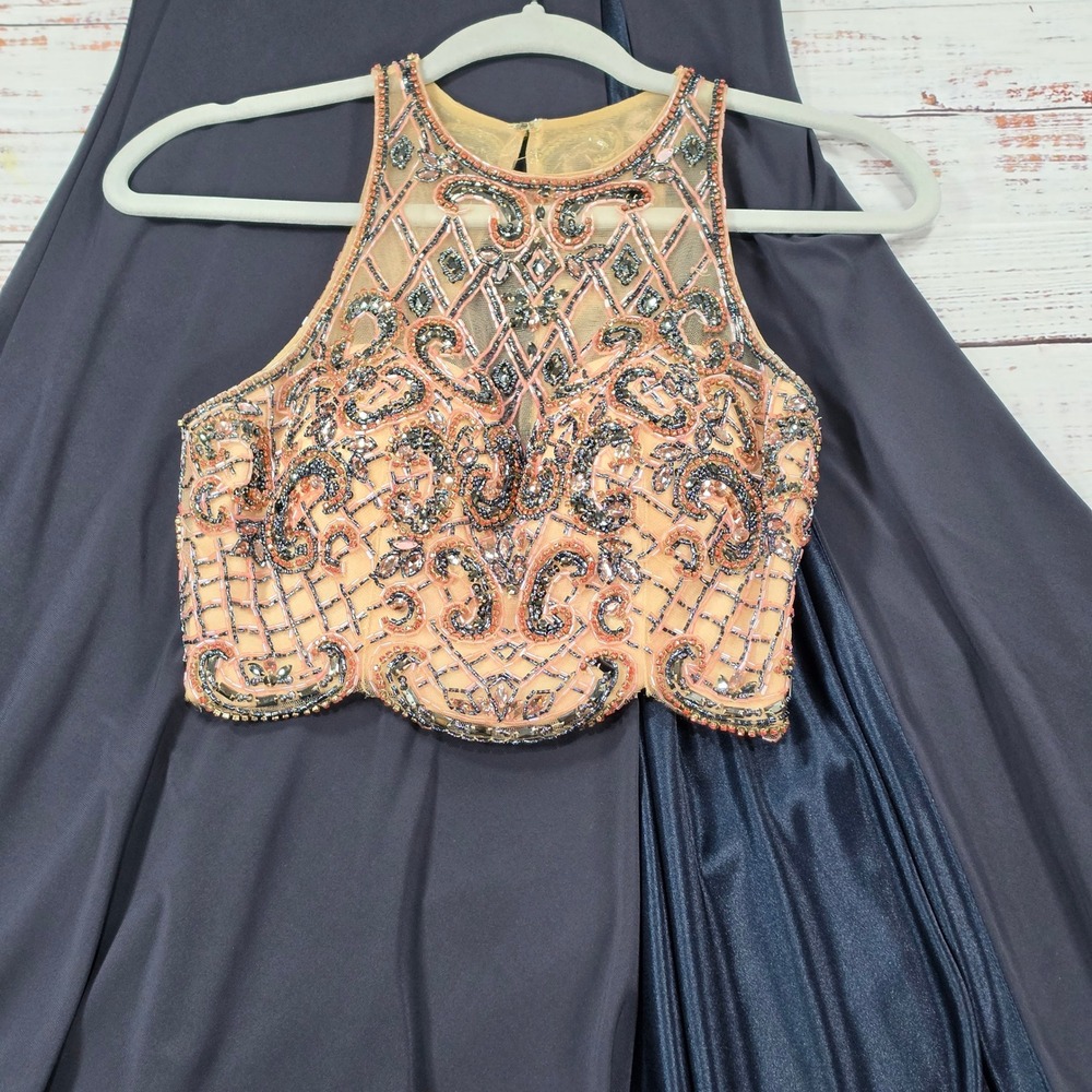 Sherri Hill 2 Piece Formal Gown Women 2 Navy Pink Beaded Good Condition Prom HCO